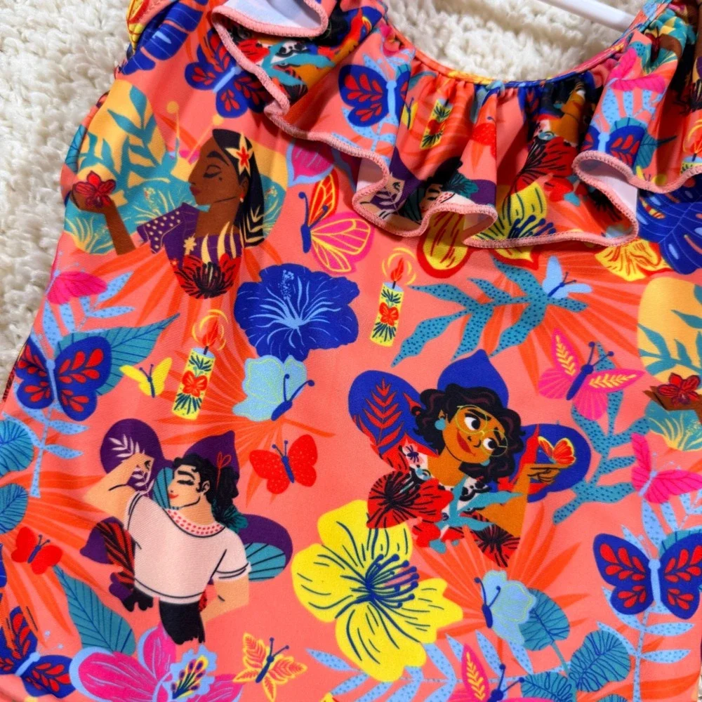 Disney Parks Encanto Mirabel Ruffle One Piece Swimsuit 5/6 Orange Tropical Swim